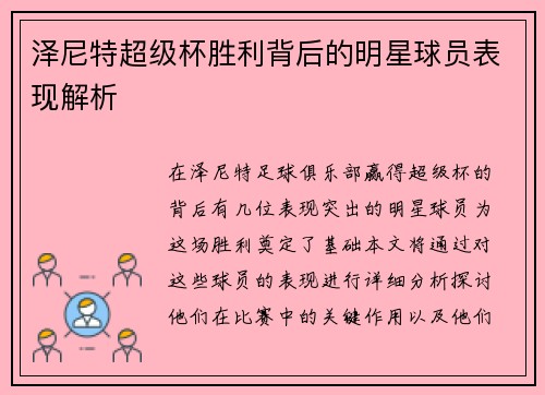 泽尼特超级杯胜利背后的明星球员表现解析