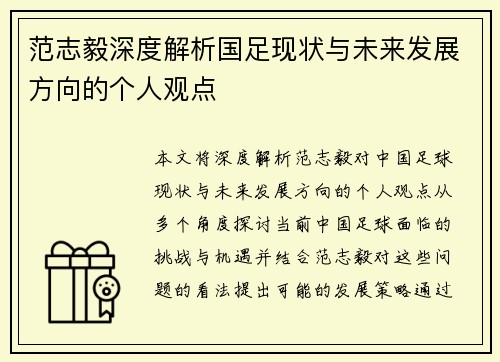 范志毅深度解析国足现状与未来发展方向的个人观点