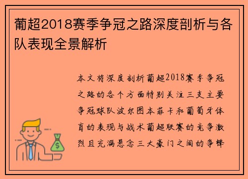 葡超2018赛季争冠之路深度剖析与各队表现全景解析